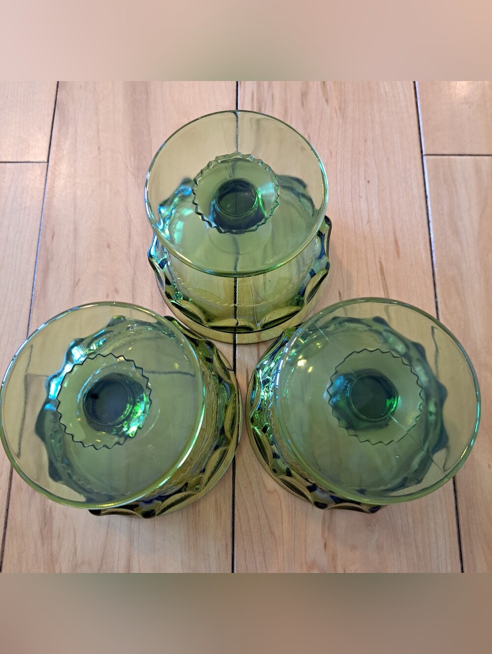 Set of 3 INDIANA GLASS KINGS Crown Olive Green Thumbprint Sherbet Dessert Dish - Picture 7 of 8